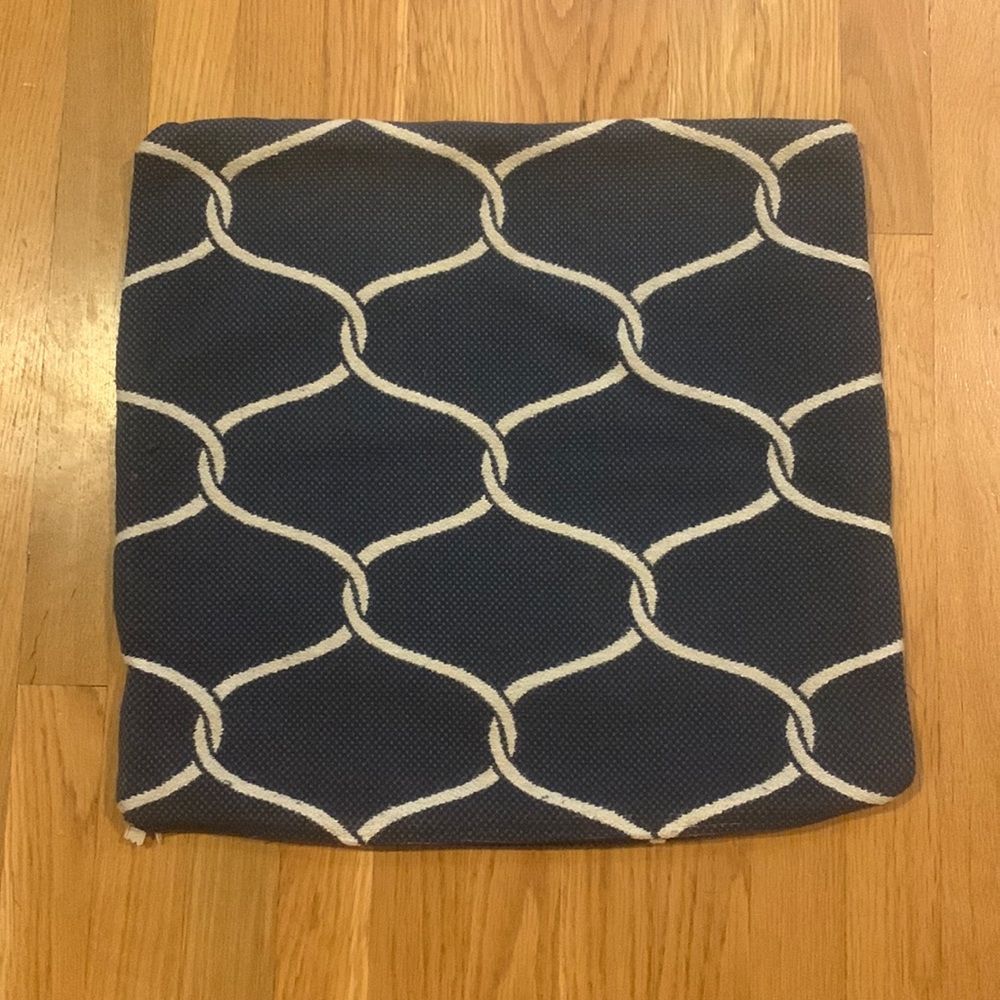 Two 18 x 18 pillow covers, navy and white scroll, great condition.